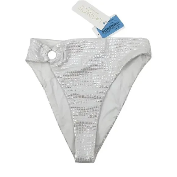 L*SPACE Jones Bitsy Bikini Bottom in Opalescent Gator Textured White Silver NEW - Picture 2 of 7